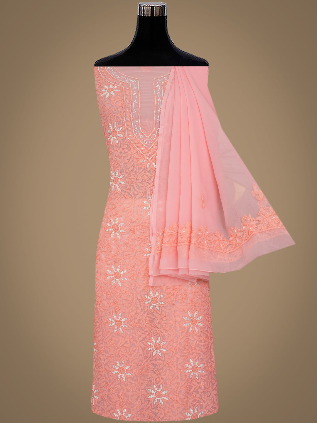 Ada Hand Embroidered Peach Faux Georgette Lucknowi Chikankari Unstitched Suit Piece With Pearl Work 01A998072