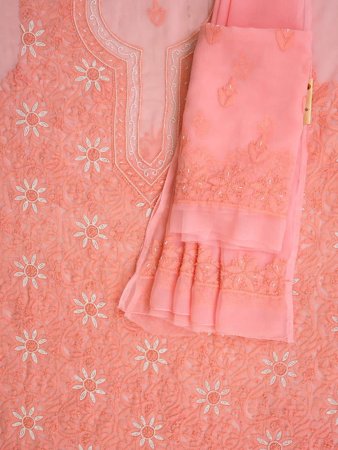 Ada Hand Embroidered Peach Faux Georgette Lucknowi Chikankari Unstitched Suit Piece With Pearl Work 01A998072