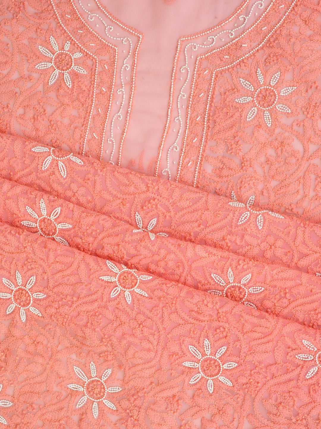 Ada Hand Embroidered Peach Faux Georgette Lucknowi Chikankari Unstitched Suit Piece With Pearl Work 01A998072