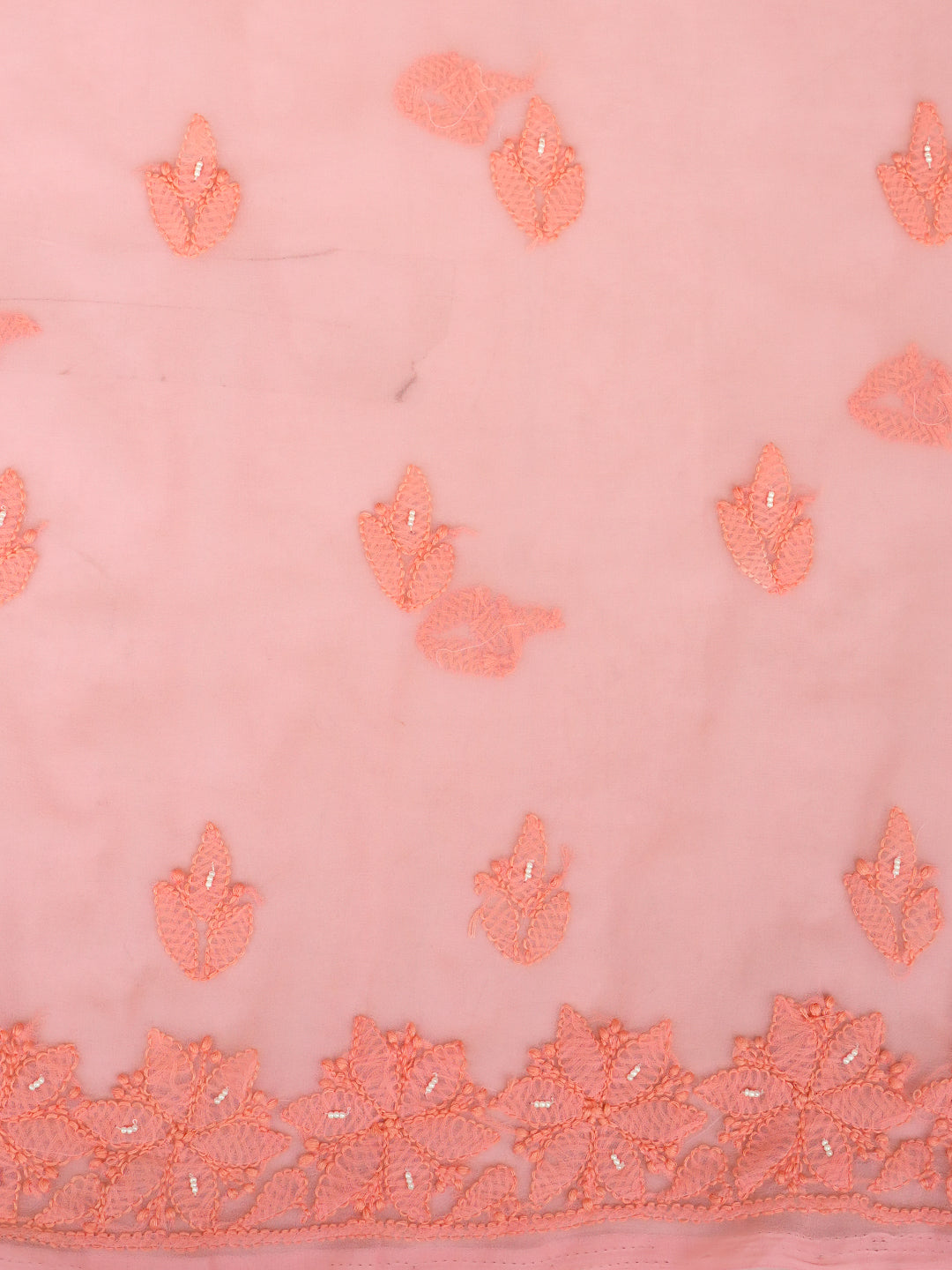 Ada Hand Embroidered Peach Faux Georgette Lucknowi Chikankari Unstitched Suit Piece With Pearl Work 01A998072