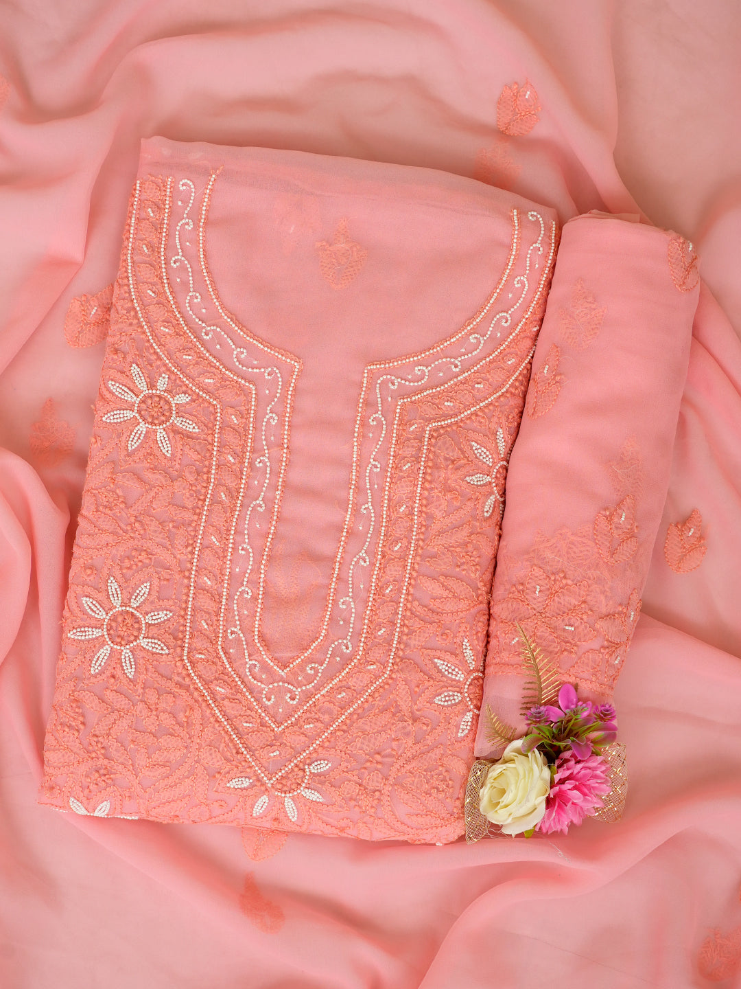 Ada Hand Embroidered Peach Faux Georgette Lucknowi Chikankari Unstitched Suit Piece With Pearl Work 01A998072
