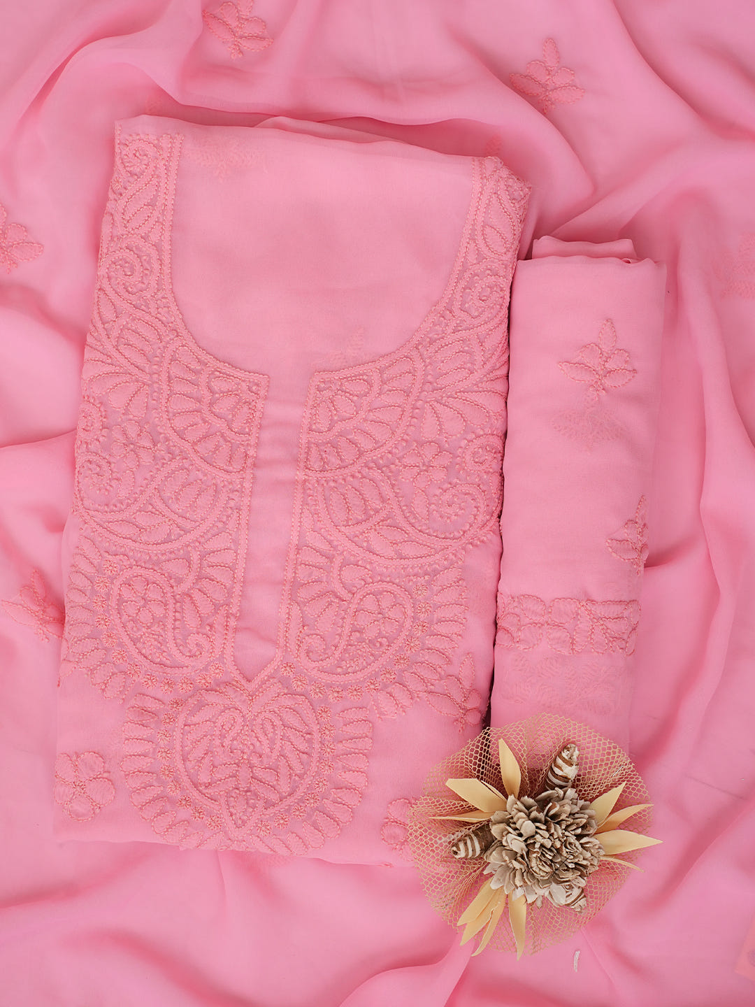 Ada Hand Embroidered Peach Georgette Lucknowi Chikankari Unstitched Suit Piece 01A1018850