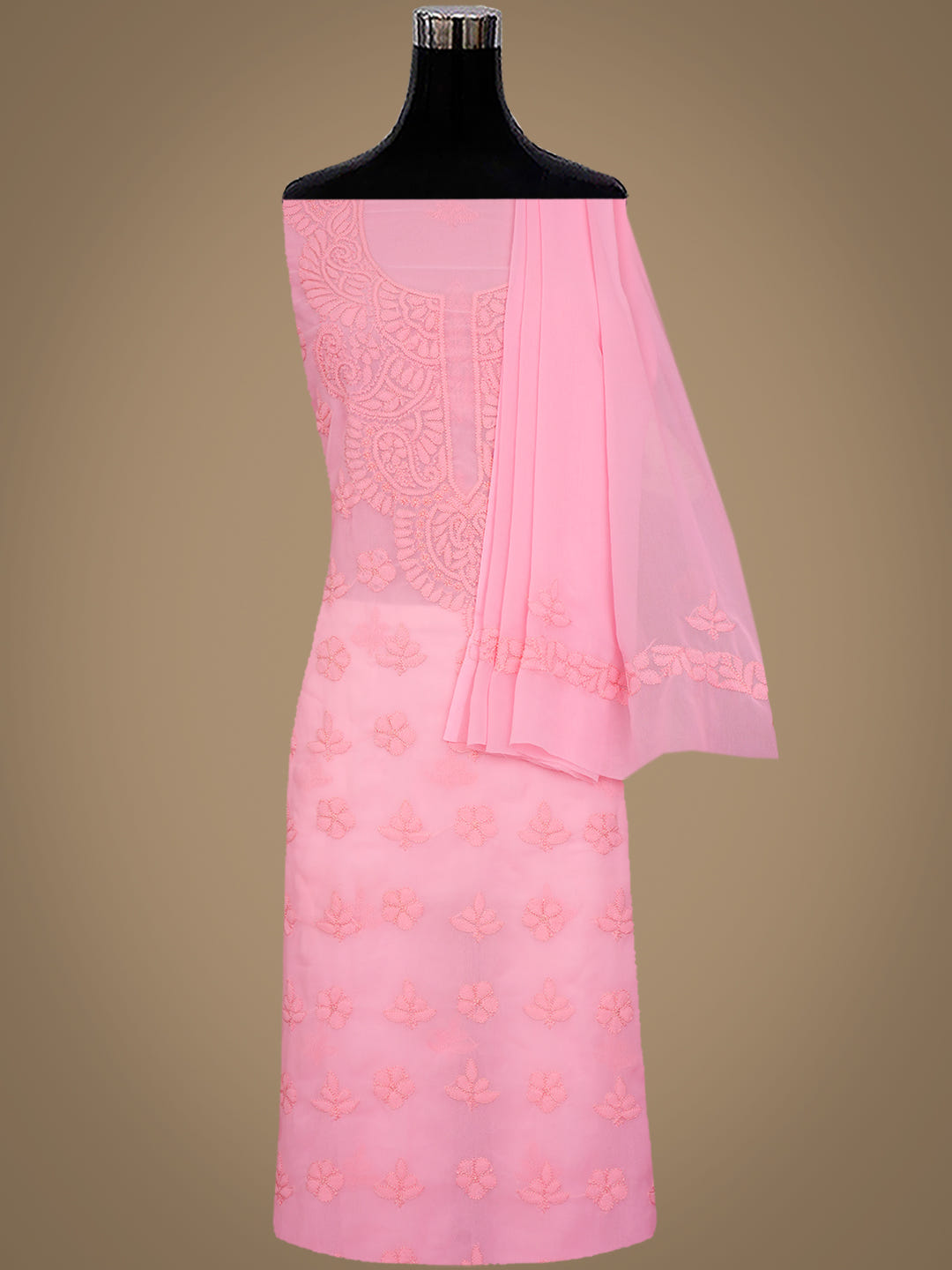 Ada Hand Embroidered Peach Georgette Lucknowi Chikankari Unstitched Suit Piece 01A1018850