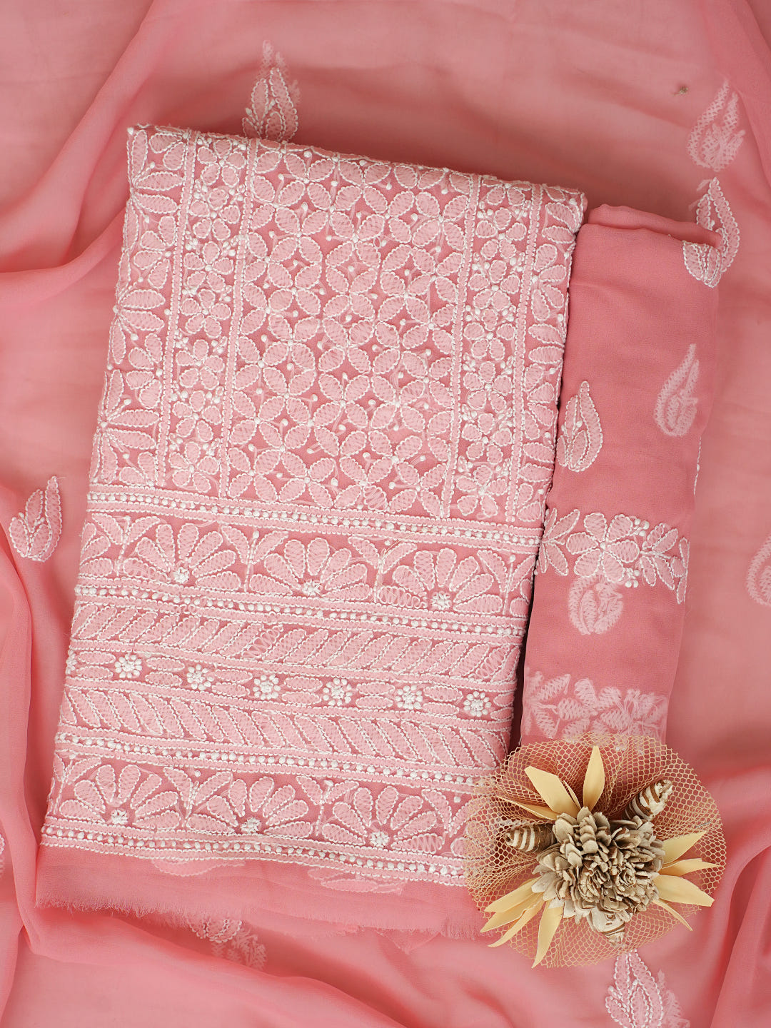 Ada Hand Embroidered Peach Georgette Lucknowi Chikankari Unstitched Suit Piece 01A1019278_1