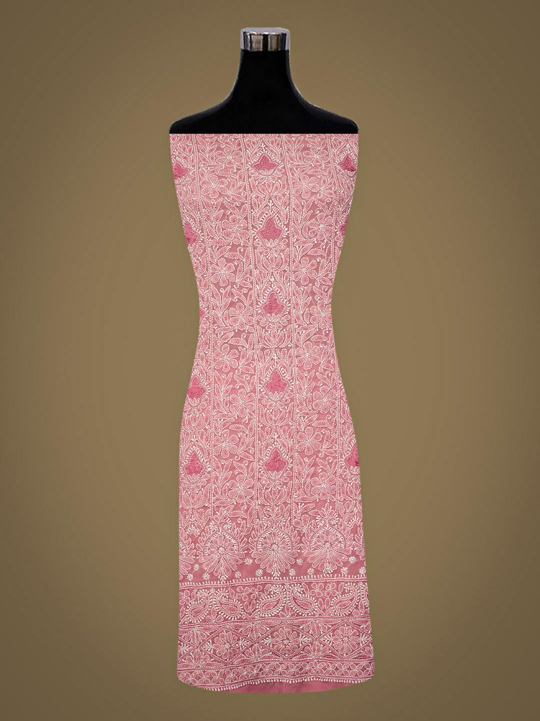 Ada Hand Embroidered Peach Georgette Lucknowi Chikankari Unstitched Suit Piece With Pearl Work 01A984933