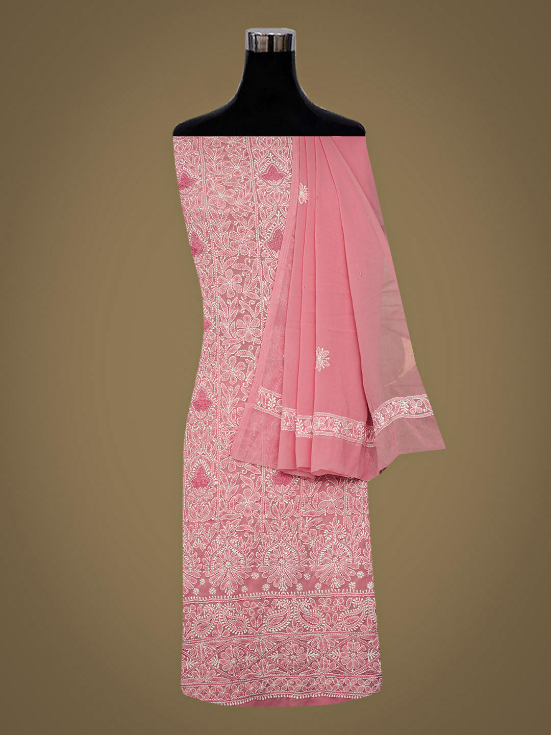 Ada Hand Embroidered Peach Georgette Lucknowi Chikankari Unstitched Suit Piece With Pearl Work 01A984933