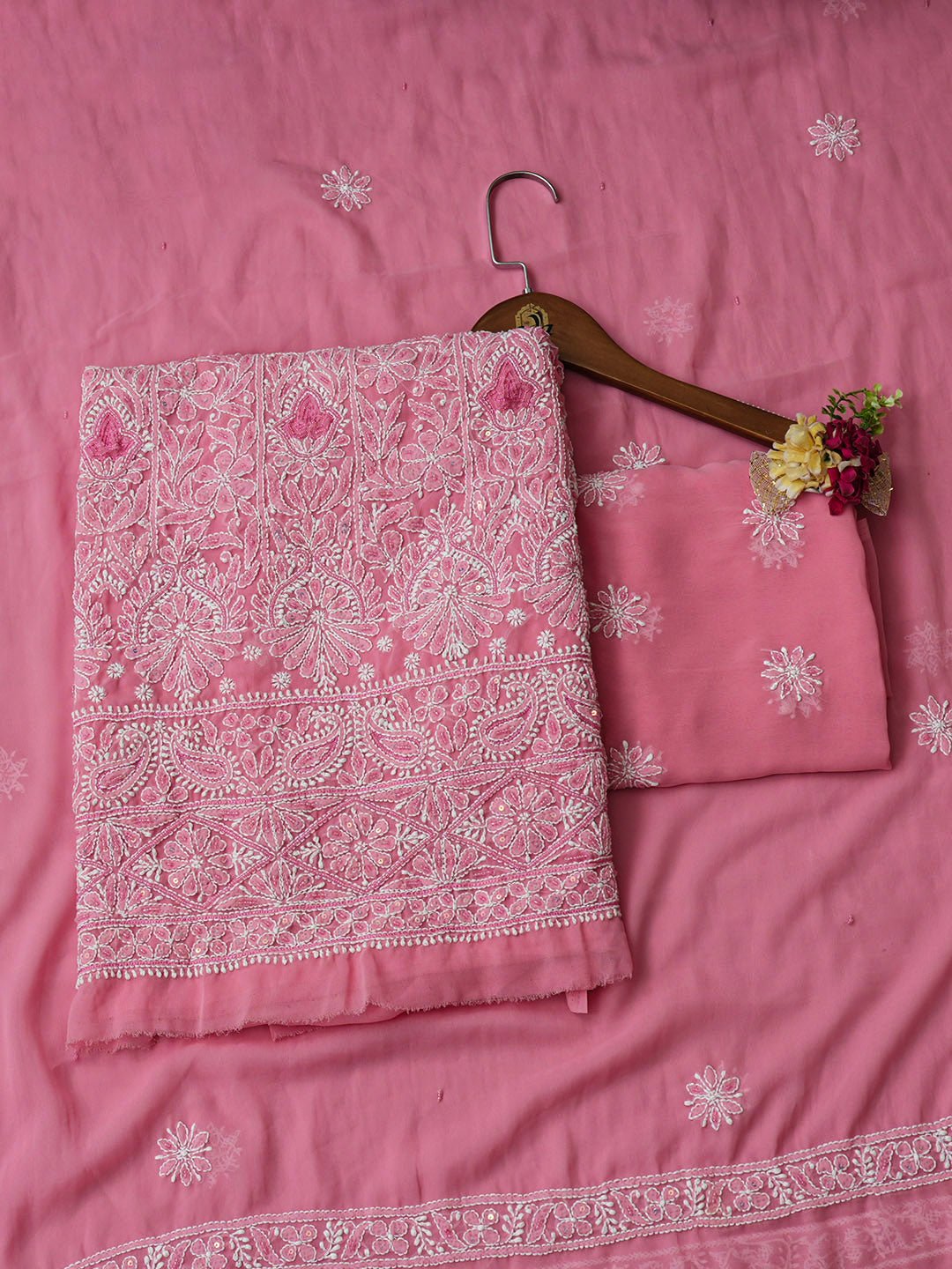 Ada Hand Embroidered Peach Georgette Lucknowi Chikankari Unstitched Suit Piece With Pearl Work 01A984933