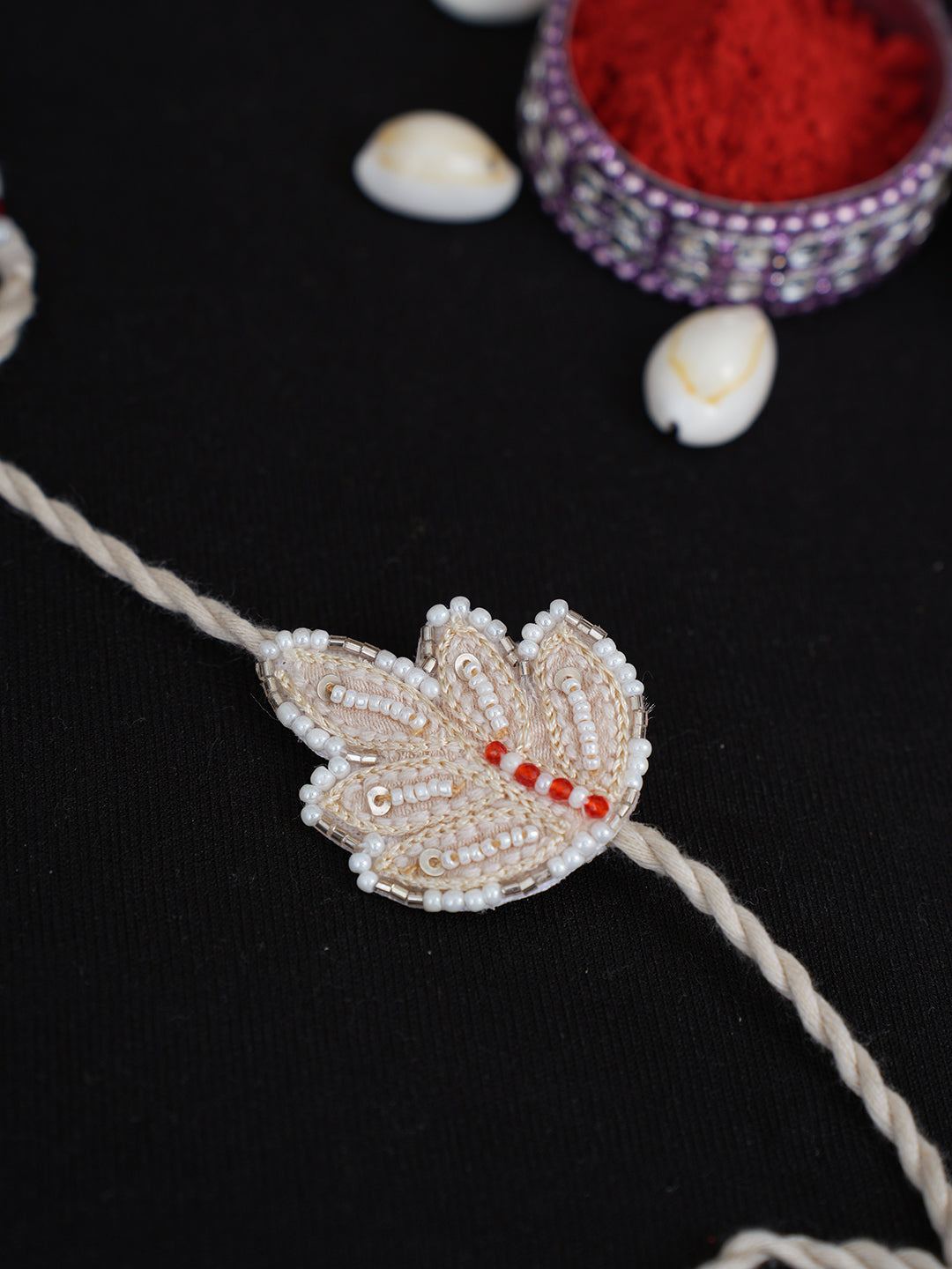 Ada Hand Embroidered Peach Georgette Raksha Sutra Rakhi With Pearl Work_1