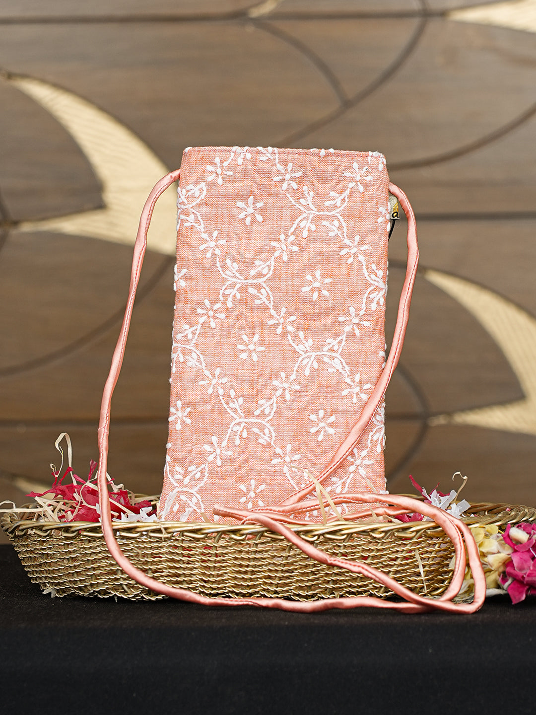 Ada Hand Embroidered Peach Khadi Cotton Lucknowi Chikankari Mobile Cover 01A965116