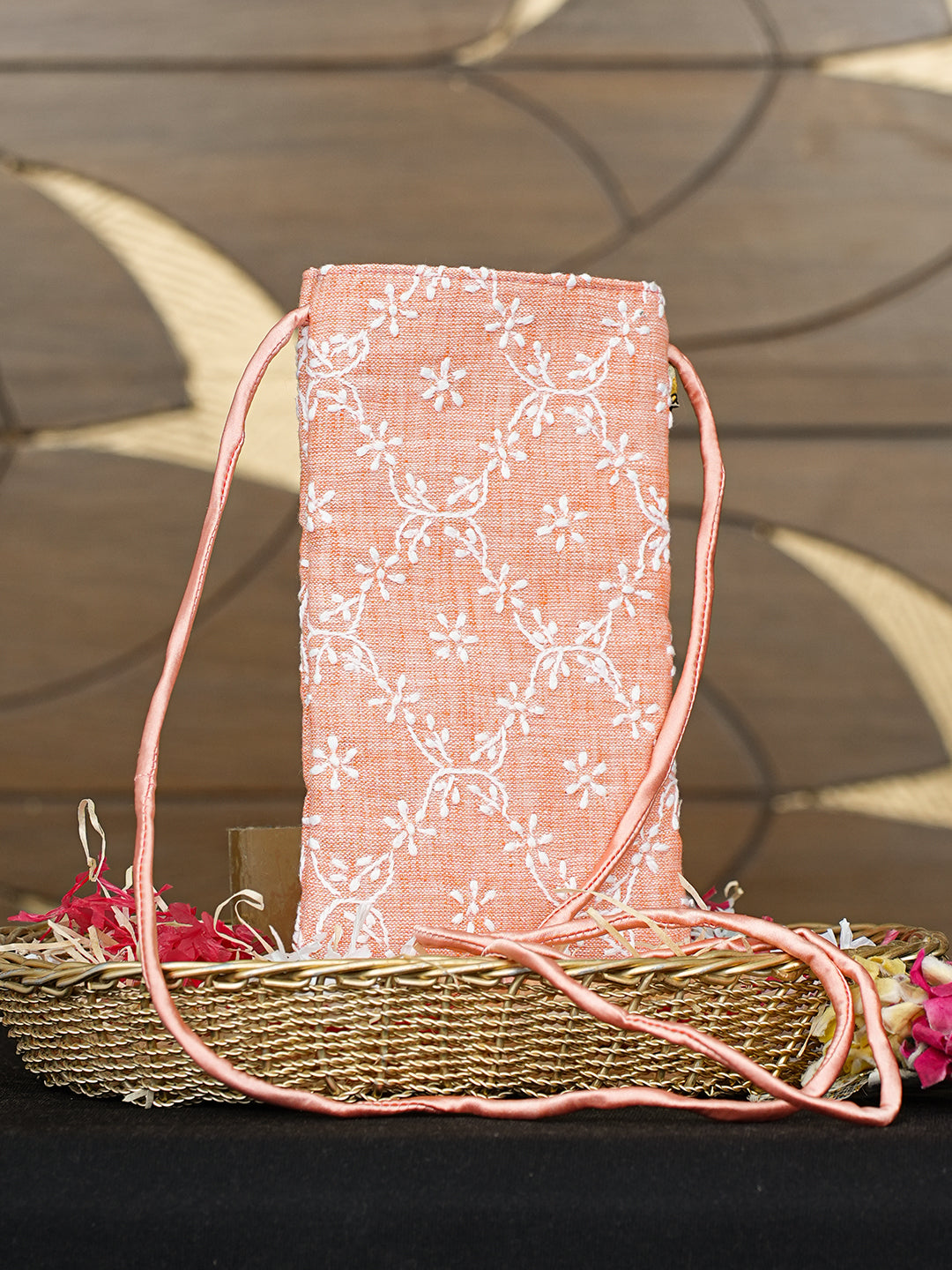 Ada Hand Embroidered Peach Khadi Cotton Lucknowi Chikankari Mobile Cover 01A965116