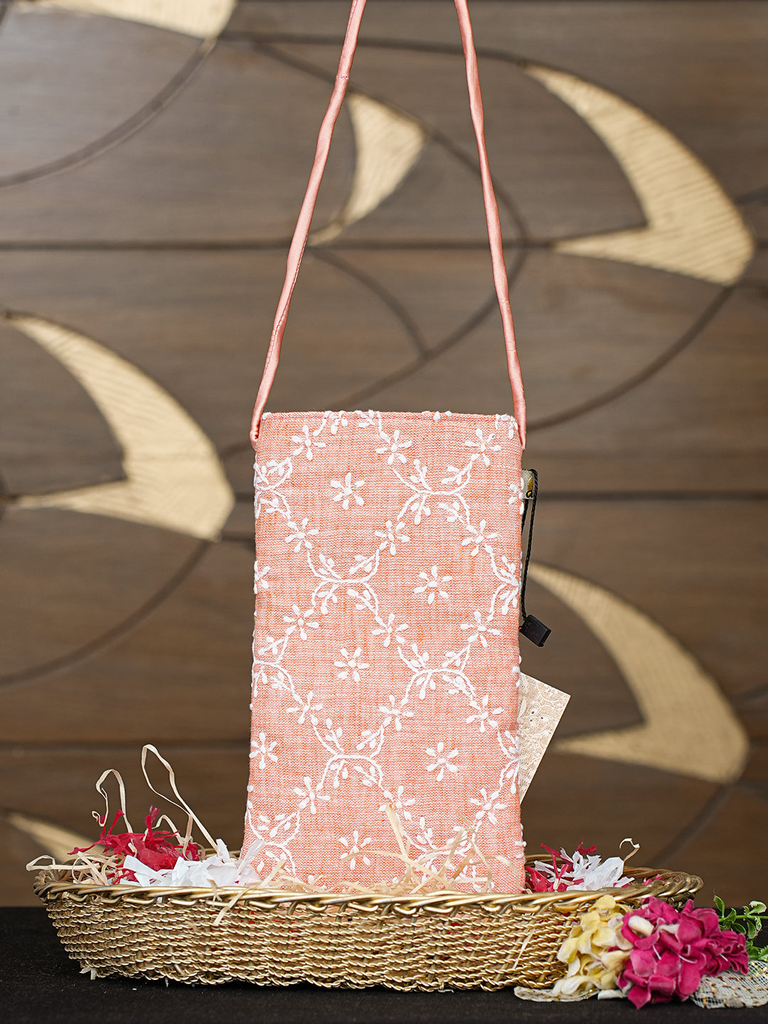 Ada Hand Embroidered Peach Khadi Cotton Lucknowi Chikankari Mobile Cover 01A965116