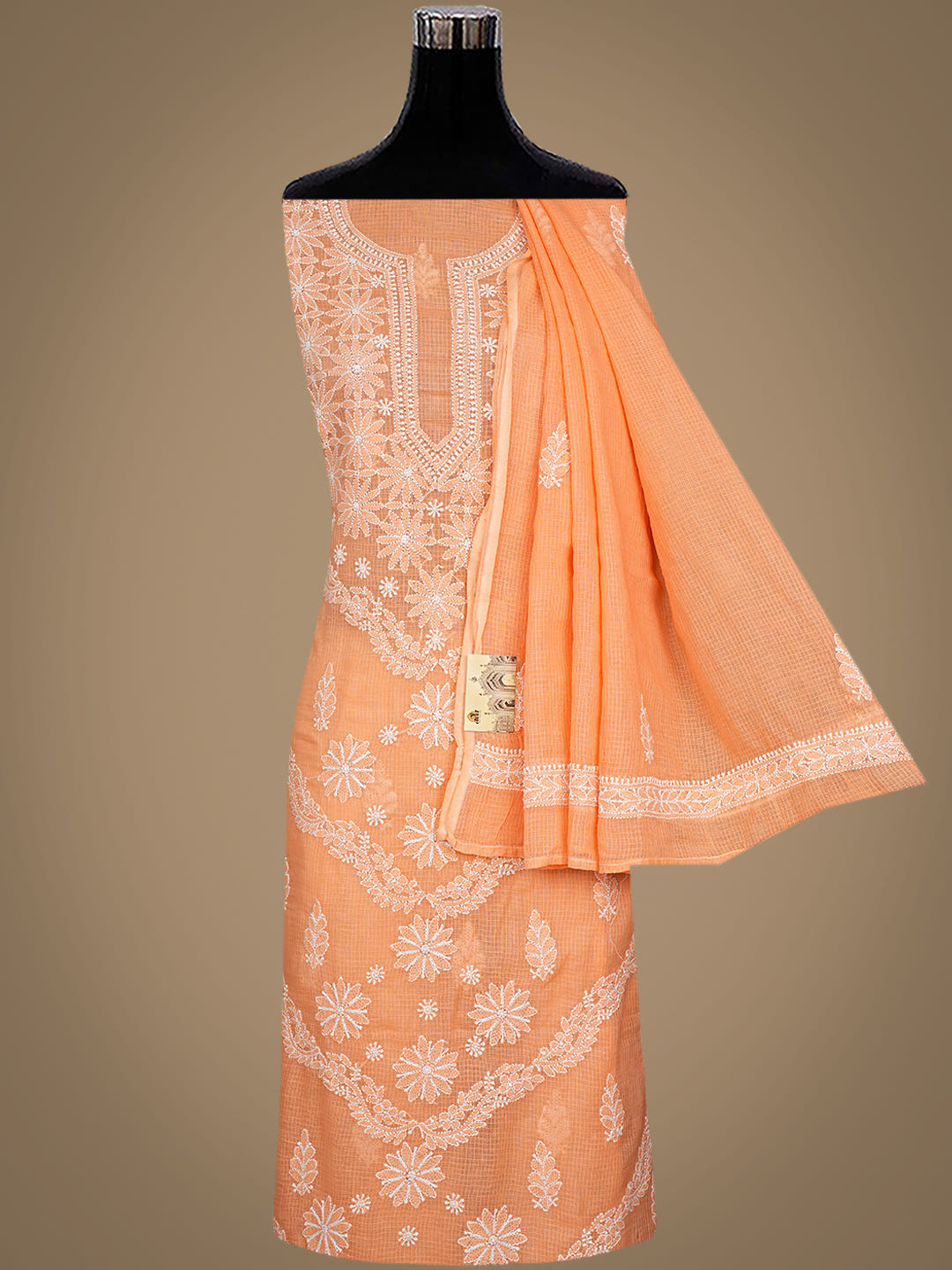 Ada Hand Embroidered Peach Kota Lucknowi Chikankari Unstitched Kurta Dupatta Set 01A999097