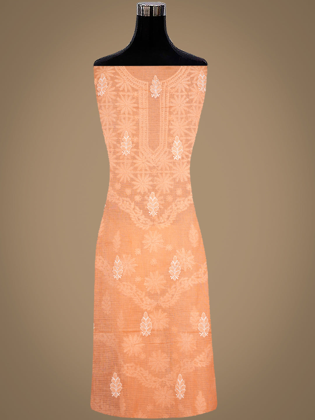 Ada Hand Embroidered Peach Kota Lucknowi Chikankari Unstitched Kurta Dupatta Set 01A999097