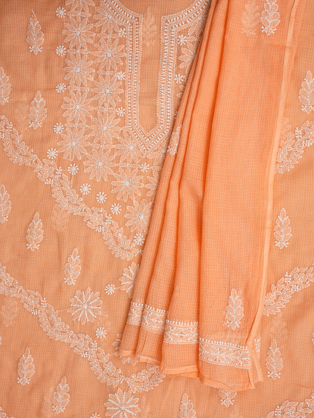 Ada Hand Embroidered Peach Kota Lucknowi Chikankari Unstitched Kurta Dupatta Set 01A999097