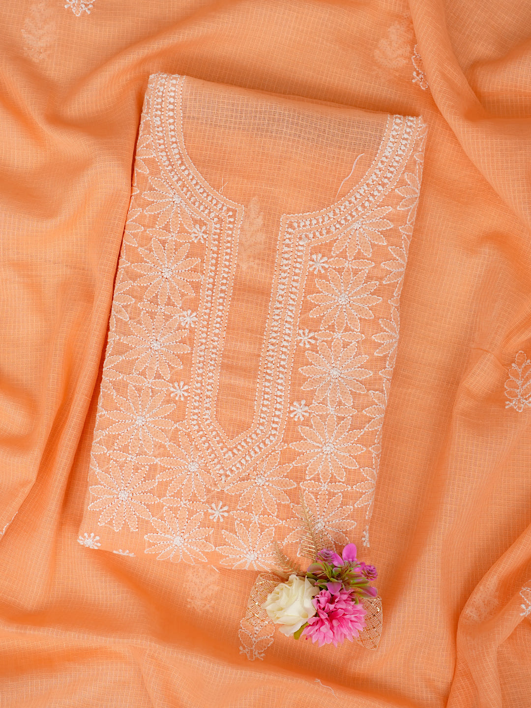 Ada Hand Embroidered Peach Kota Lucknowi Chikankari Unstitched Kurta Dupatta Set 01A999097