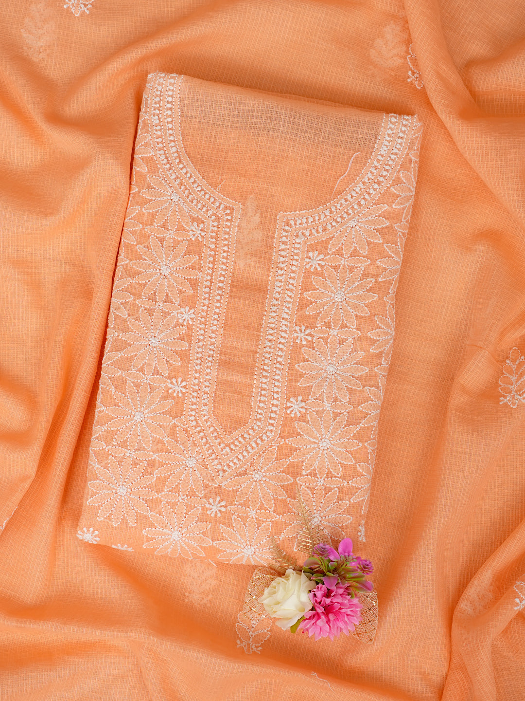 Ada Hand Embroidered Peach Kota Lucknowi Chikankari Unstitched Kurta Dupatta Set 01A999097