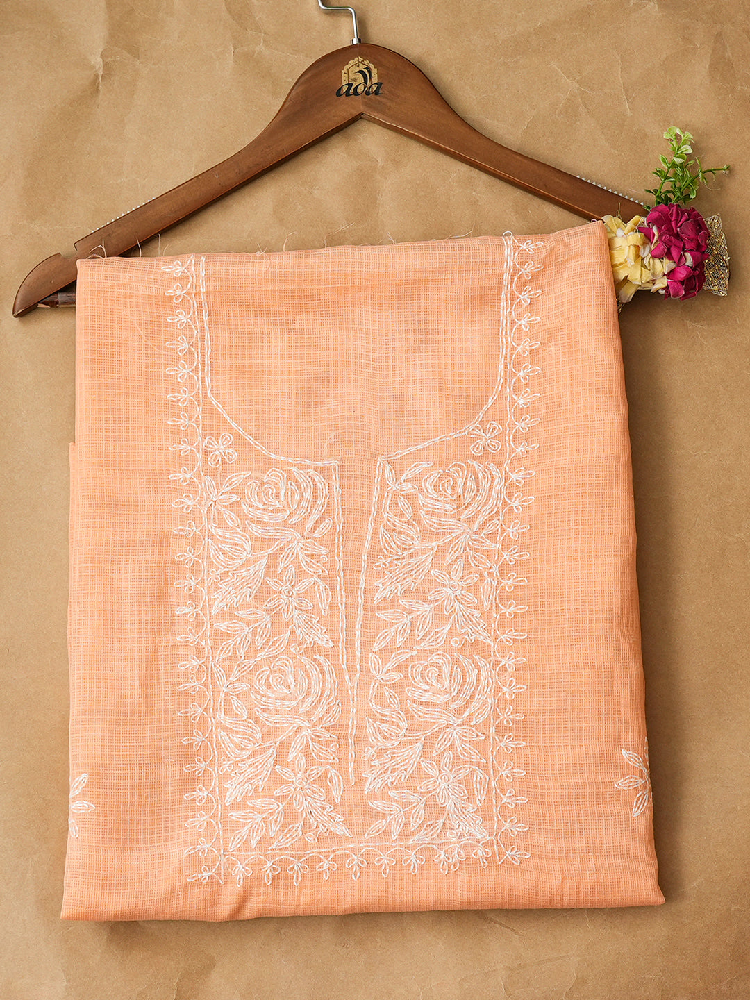 Ada Hand Embroidered Peach Kota Lucknowi Chikankari Unstitched Kurta Piece 01A946242