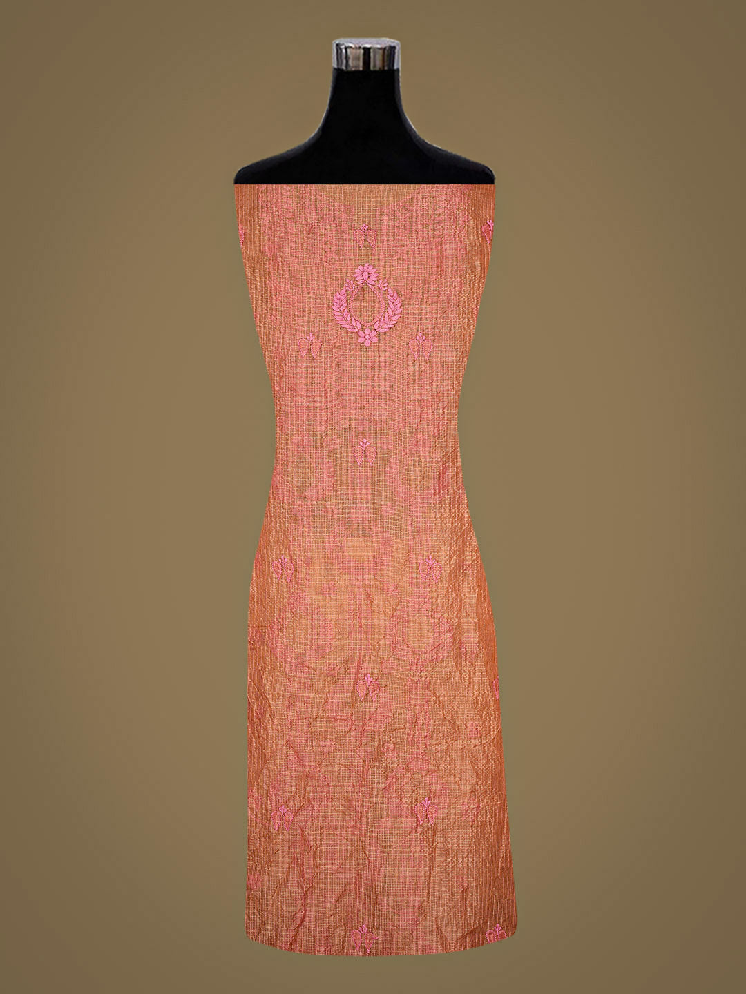Ada Hand Embroidered Peach Kota Tissue Unstitched Lucknowi Chikankari Kurta Dupatta Set 01A876762