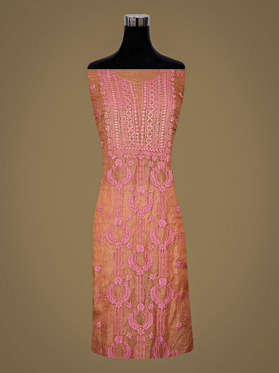 Ada Hand Embroidered Peach Kota Tissue Unstitched Lucknowi Chikankari Kurta Dupatta Set 01A876762