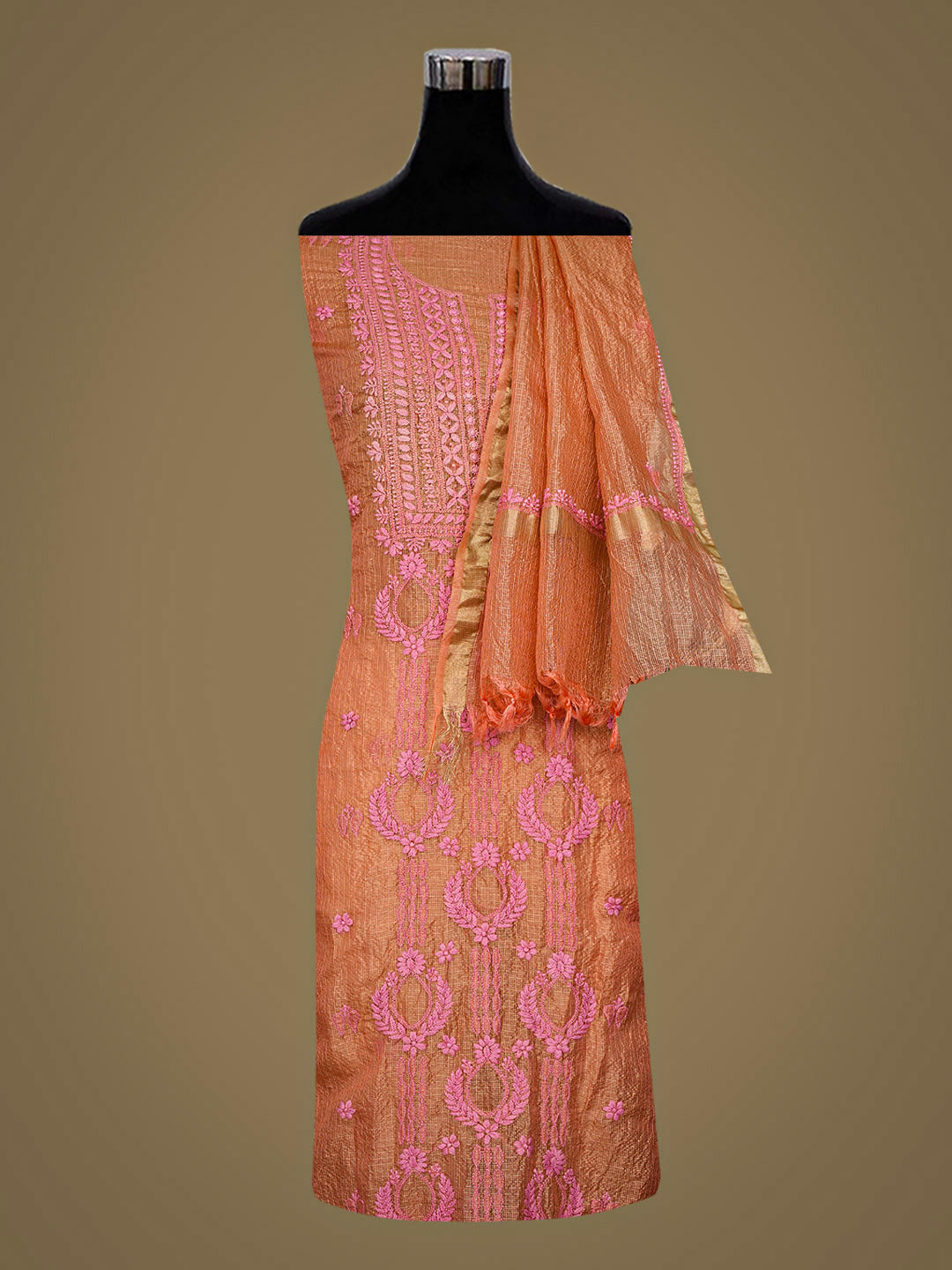 Ada Hand Embroidered Peach Kota Tissue Unstitched Lucknowi Chikankari Kurta Dupatta Set 01A876762