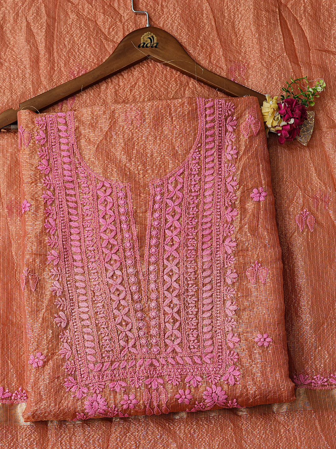Ada Hand Embroidered Peach Kota Tissue Unstitched Lucknowi Chikankari Kurta Dupatta Set 01A876762
