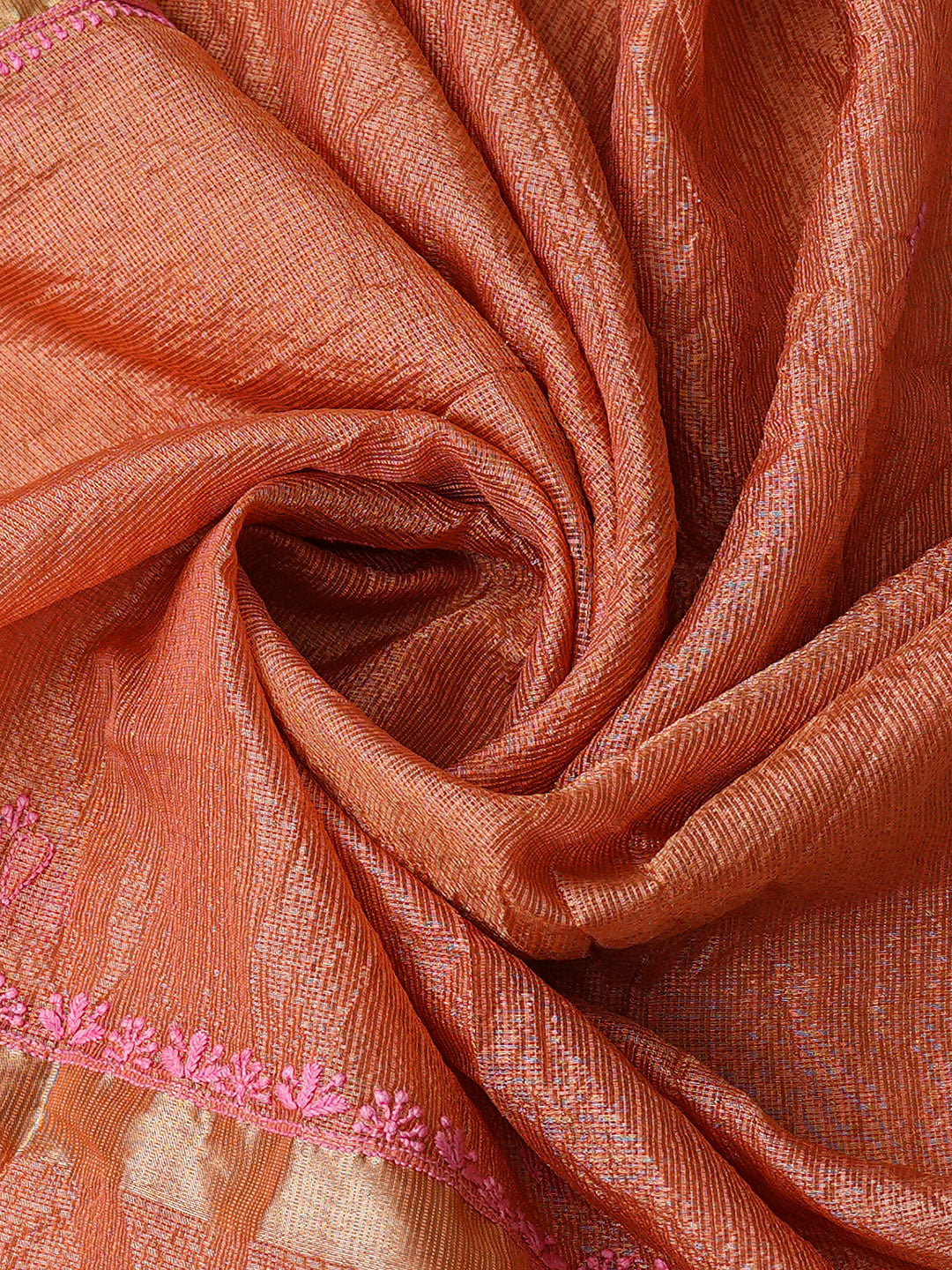 Ada Hand Embroidered Peach Kota Tissue Unstitched Lucknowi Chikankari Kurta Dupatta Set 01A876762