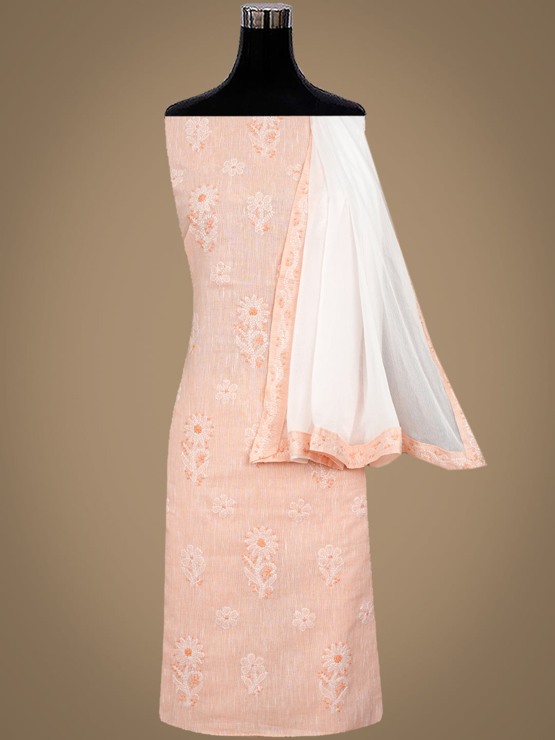 Ada Hand Embroidered Peach Linen Lucknowi Chikankari Unstitched Suit Set With Chiffon Dupatta 01A980013
