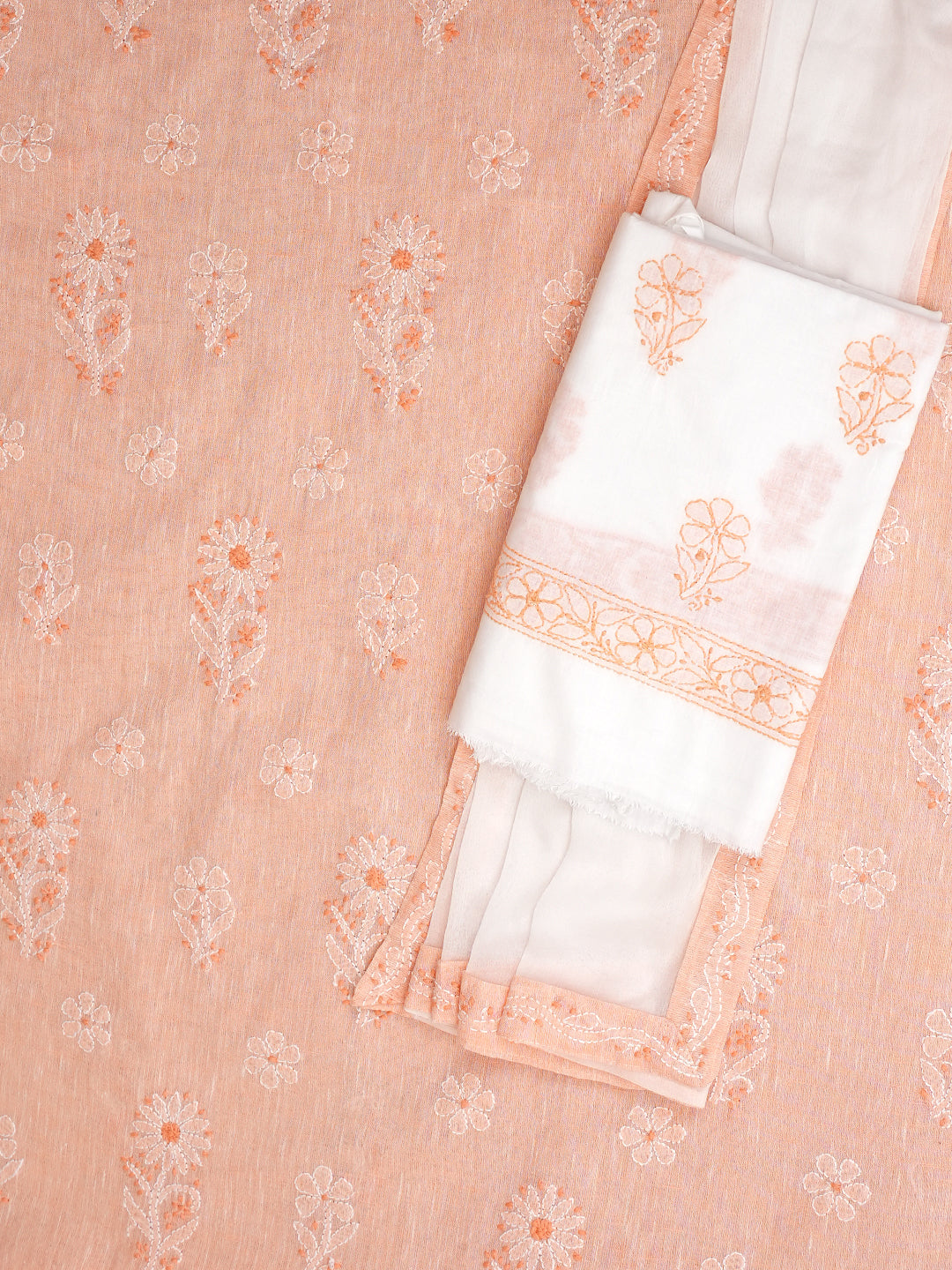 Ada Hand Embroidered Peach Linen Lucknowi Chikankari Unstitched Suit Set With Chiffon Dupatta 01A980013