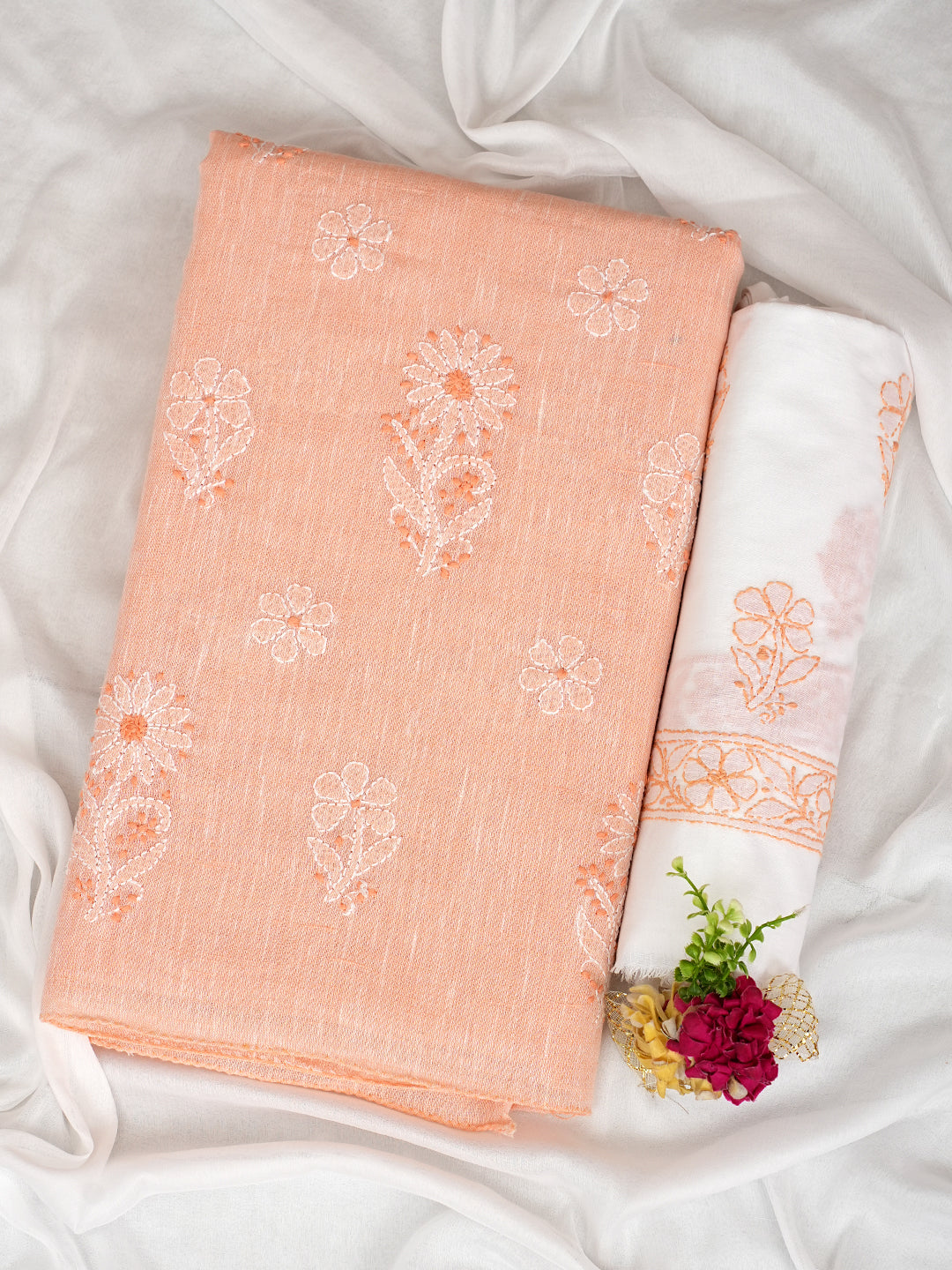 Ada Hand Embroidered Peach Linen Lucknowi Chikankari Unstitched Suit Set With Chiffon Dupatta 01A980013