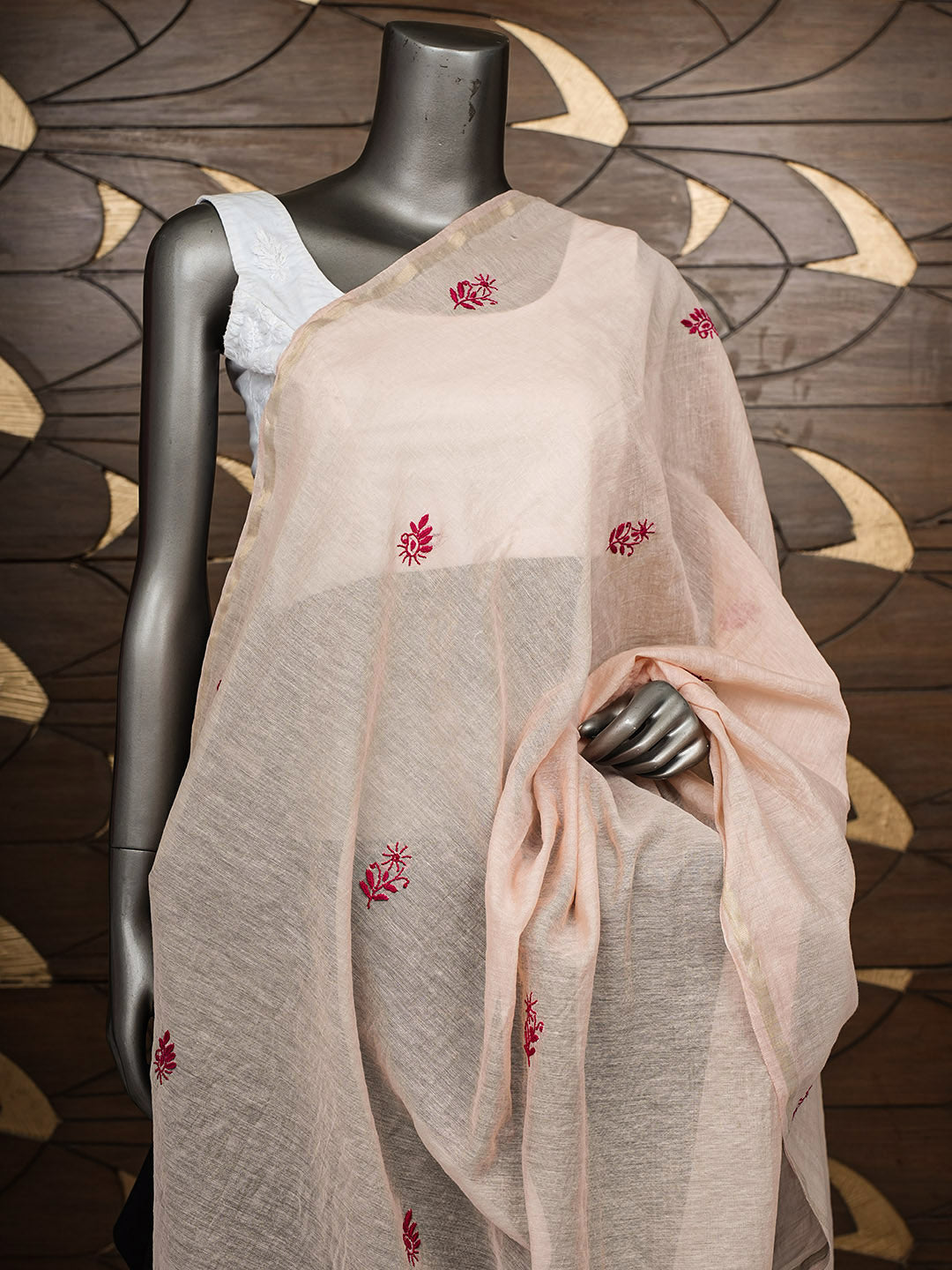 Ada Hand Embroidered Peach Lucknowi Chanderi Chikankari Dupatta 07A501818