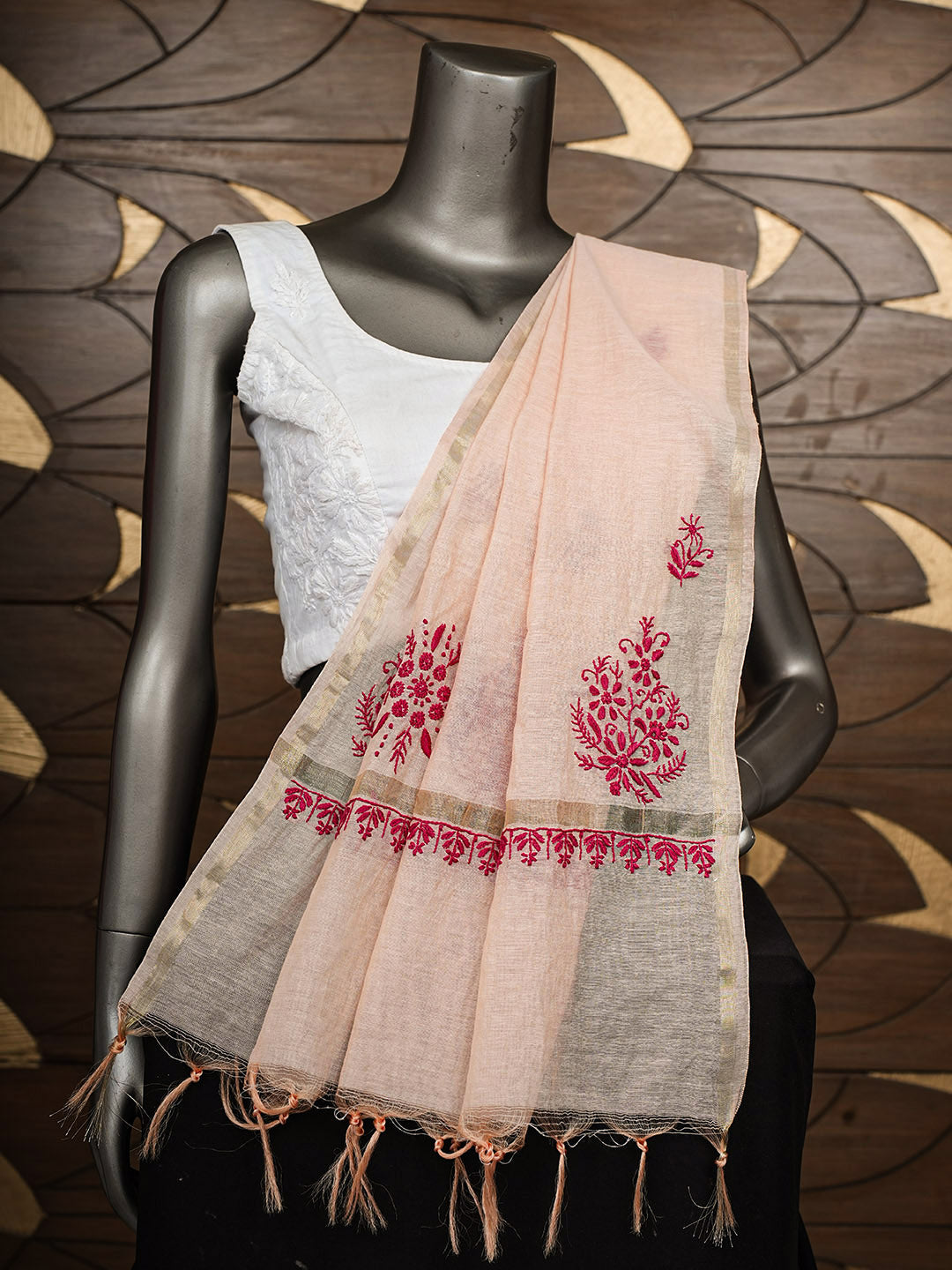 Ada Hand Embroidered Peach Lucknowi Chanderi Chikankari Dupatta 07A501818