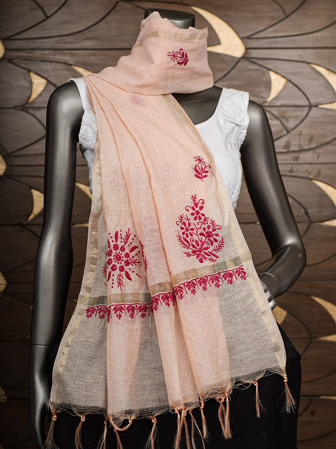 Ada Hand Embroidered Peach Lucknowi Chanderi Chikankari Dupatta 07A501818