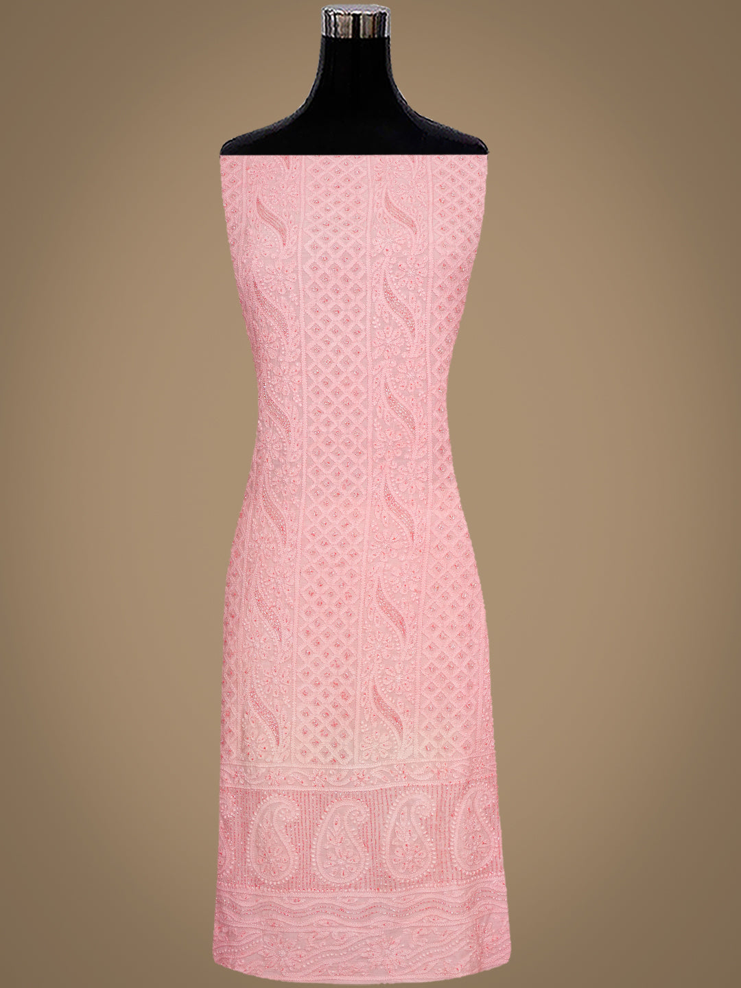 Ada Hand Embroidered Peach Muslin Lucknowi Chikankari Unstitched Suit Set With Chiffon Dupatta and Cutdana Work 01A985289
