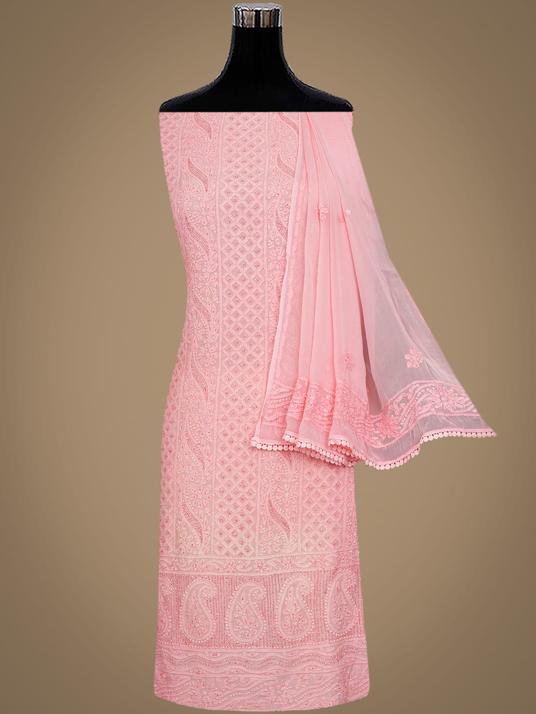 Ada Hand Embroidered Peach Muslin Lucknowi Chikankari Unstitched Suit Set With Cutdana Work 01A985289