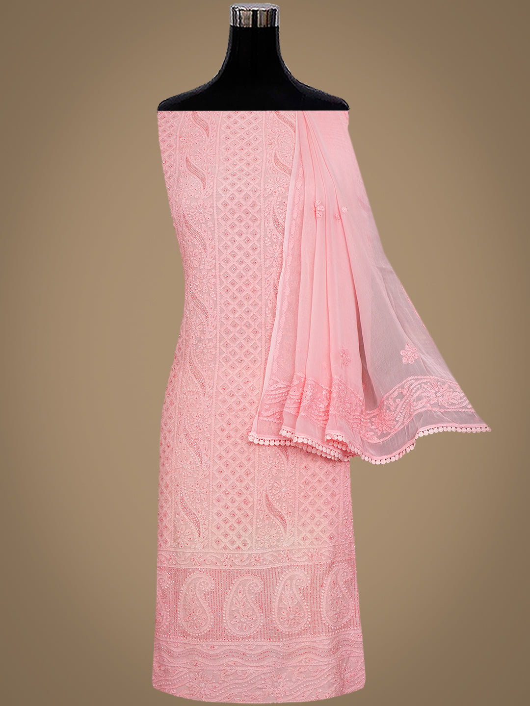Ada Hand Embroidered Peach Muslin Lucknowi Chikankari Unstitched Suit Set With Chiffon Dupatta and Cutdana Work 01A985289