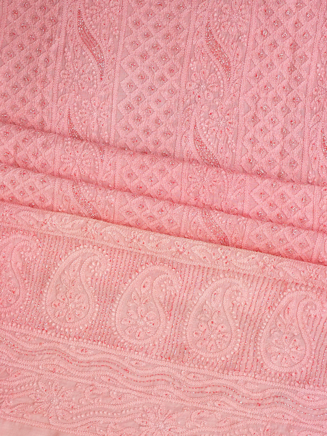 Ada Hand Embroidered Peach Muslin Lucknowi Chikankari Unstitched Suit Set With Chiffon Dupatta and Cutdana Work 01A985289