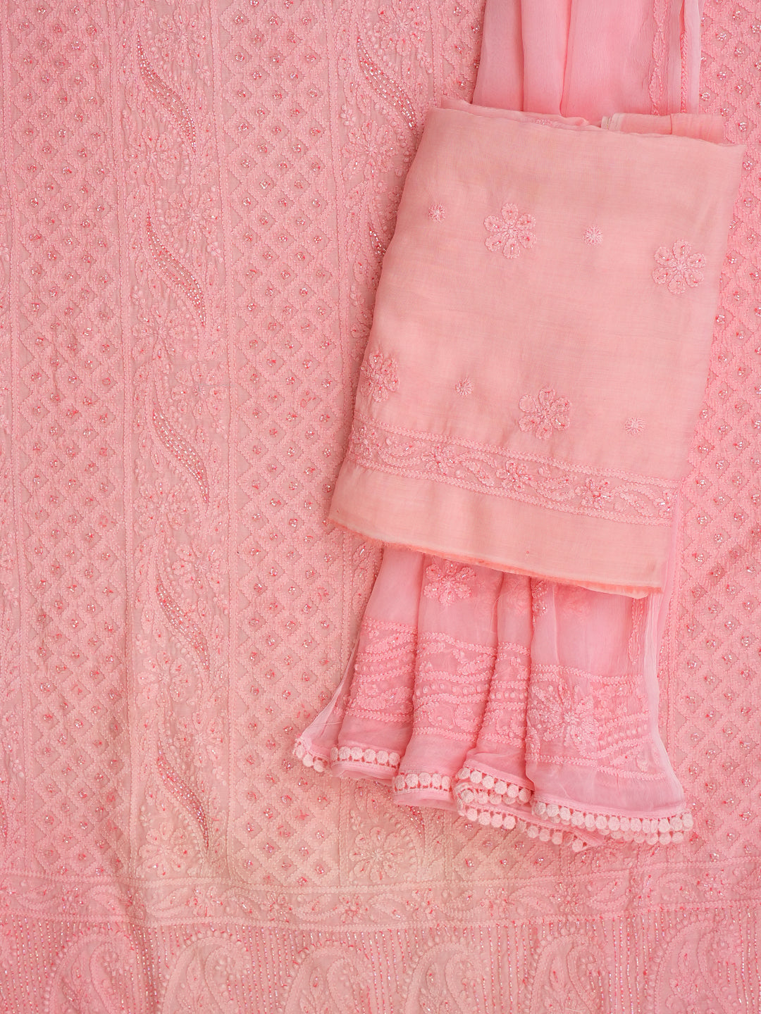 Ada Hand Embroidered Peach Muslin Lucknowi Chikankari Unstitched Suit Set With Chiffon Dupatta and Cutdana Work 01A985289