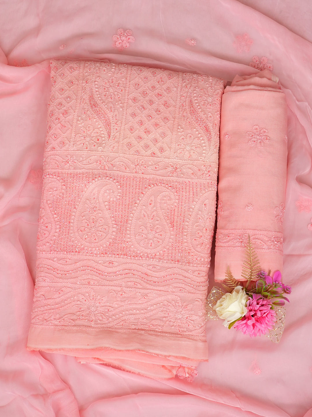 Ada Hand Embroidered Peach Muslin Lucknowi Chikankari Unstitched Suit Set With Cutdana Work 01A985289