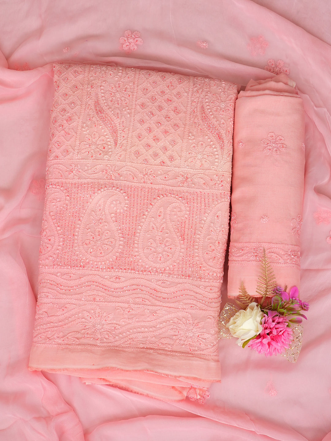 Ada Hand Embroidered Peach Muslin Lucknowi Chikankari Unstitched Suit Set With Chiffon Dupatta and Cutdana Work 01A985289