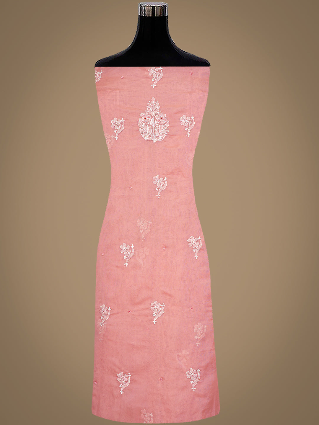 Ada Hand Embroidered Peach Organza Lucknowi Chikankari Unstitched Kurta Dupatta Set With Cutdana, Sequinned & Pearl Work 01A1003632