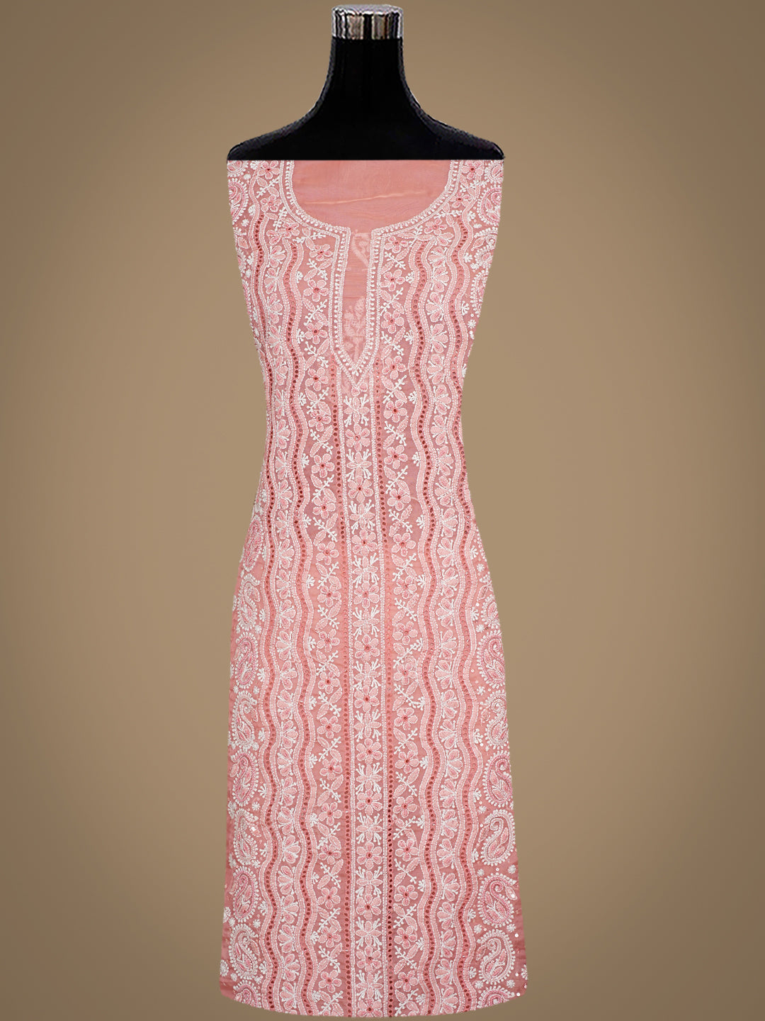 Ada Hand Embroidered Peach Organza Lucknowi Chikankari Unstitched Kurta Dupatta Set With Cutdana, Sequinned & Pearl Work 01A1003632