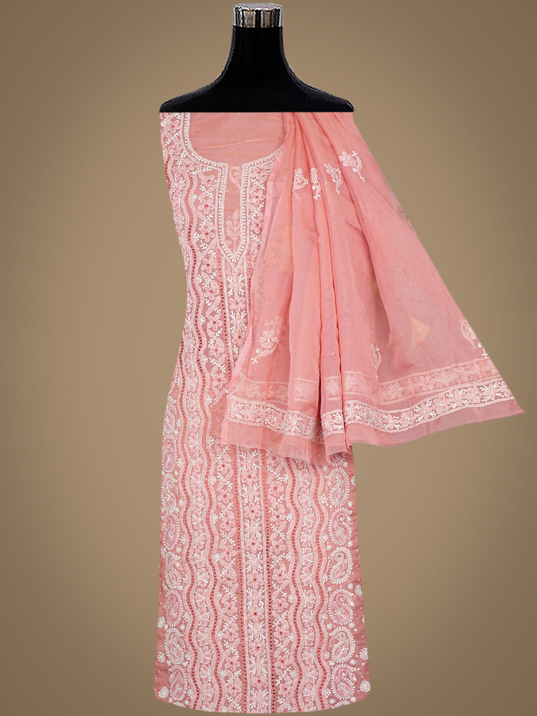 Ada Hand Embroidered Peach Organza Lucknowi Chikankari Unstitched Kurta Dupatta Set With Cutdana, Sequinned & Pearl Work 01A1003632