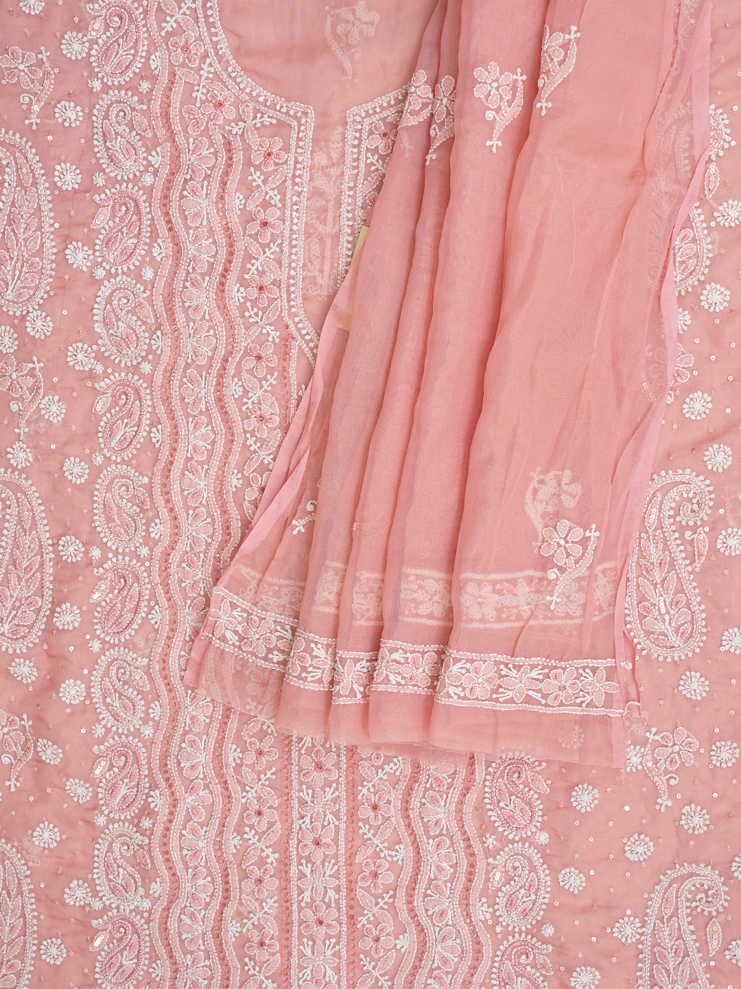 Ada Hand Embroidered Peach Organza Lucknowi Chikankari Unstitched Kurta Dupatta Set With Cutdana, Sequinned & Pearl Work 01A1003632