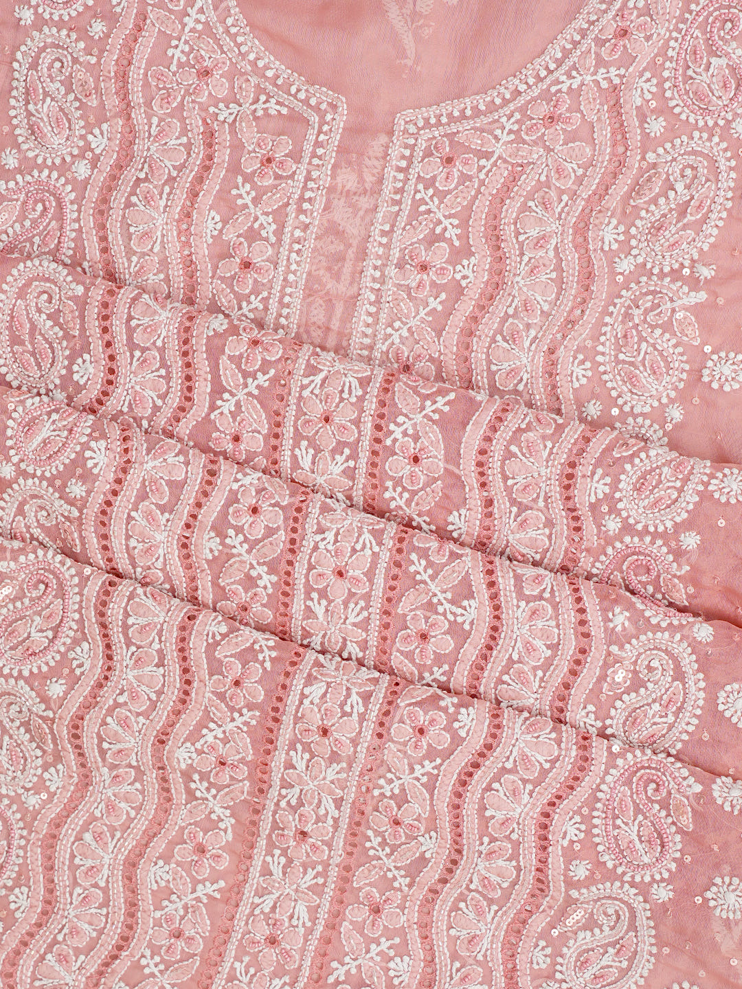 Ada Hand Embroidered Peach Organza Lucknowi Chikankari Unstitched Kurta Dupatta Set With Cutdana Work 01A1003632