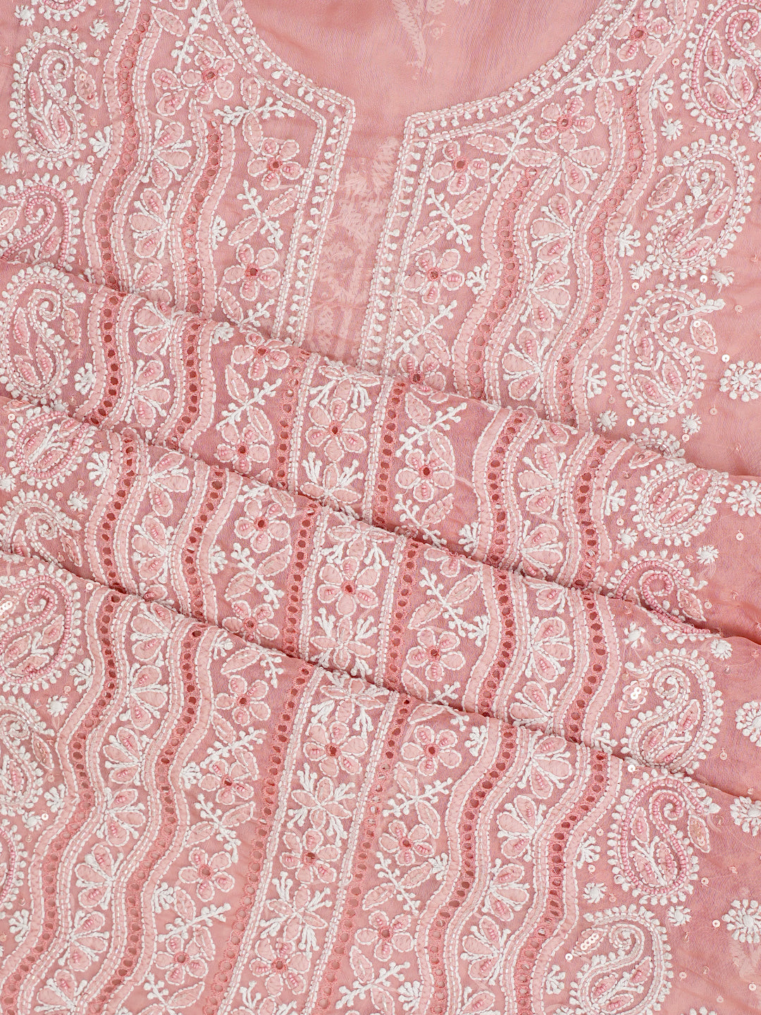 Ada Hand Embroidered Peach Organza Lucknowi Chikankari Unstitched Kurta Dupatta Set With Cutdana, Sequinned & Pearl Work 01A1003632