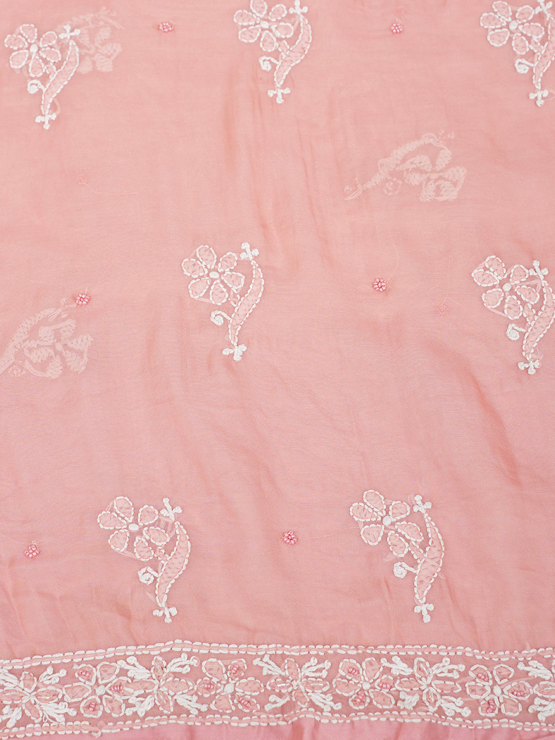 Ada Hand Embroidered Peach Organza Lucknowi Chikankari Unstitched Kurta Dupatta Set With Cutdana, Sequinned & Pearl Work 01A1003632