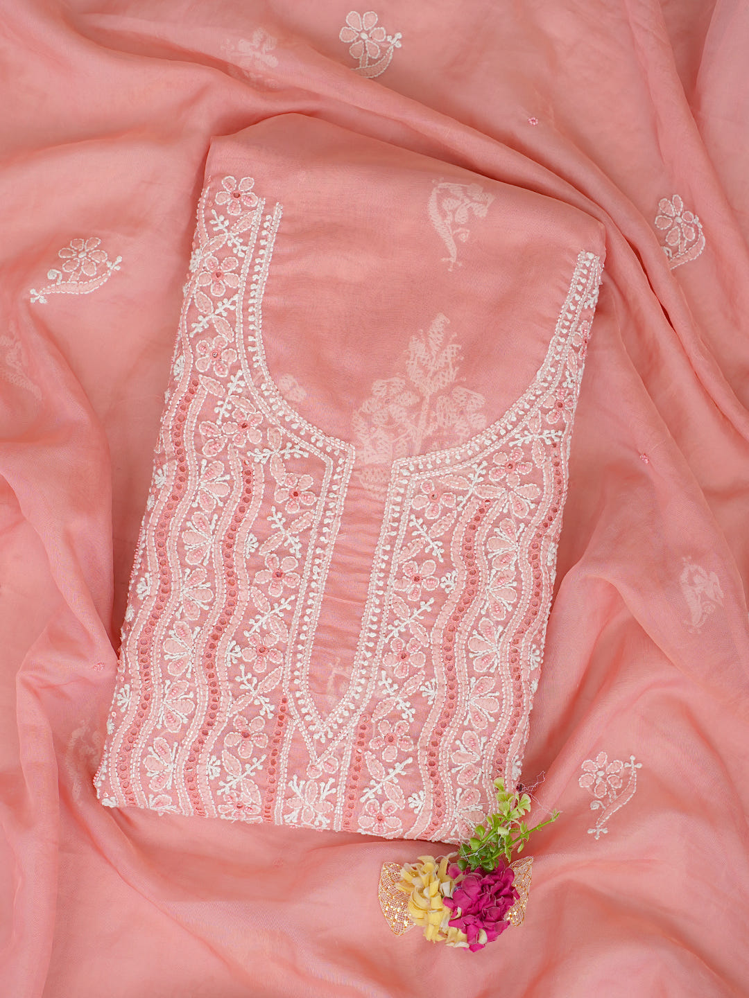 Ada Hand Embroidered Peach Organza Lucknowi Chikankari Unstitched Kurta Dupatta Set With Cutdana Work 01A1003632