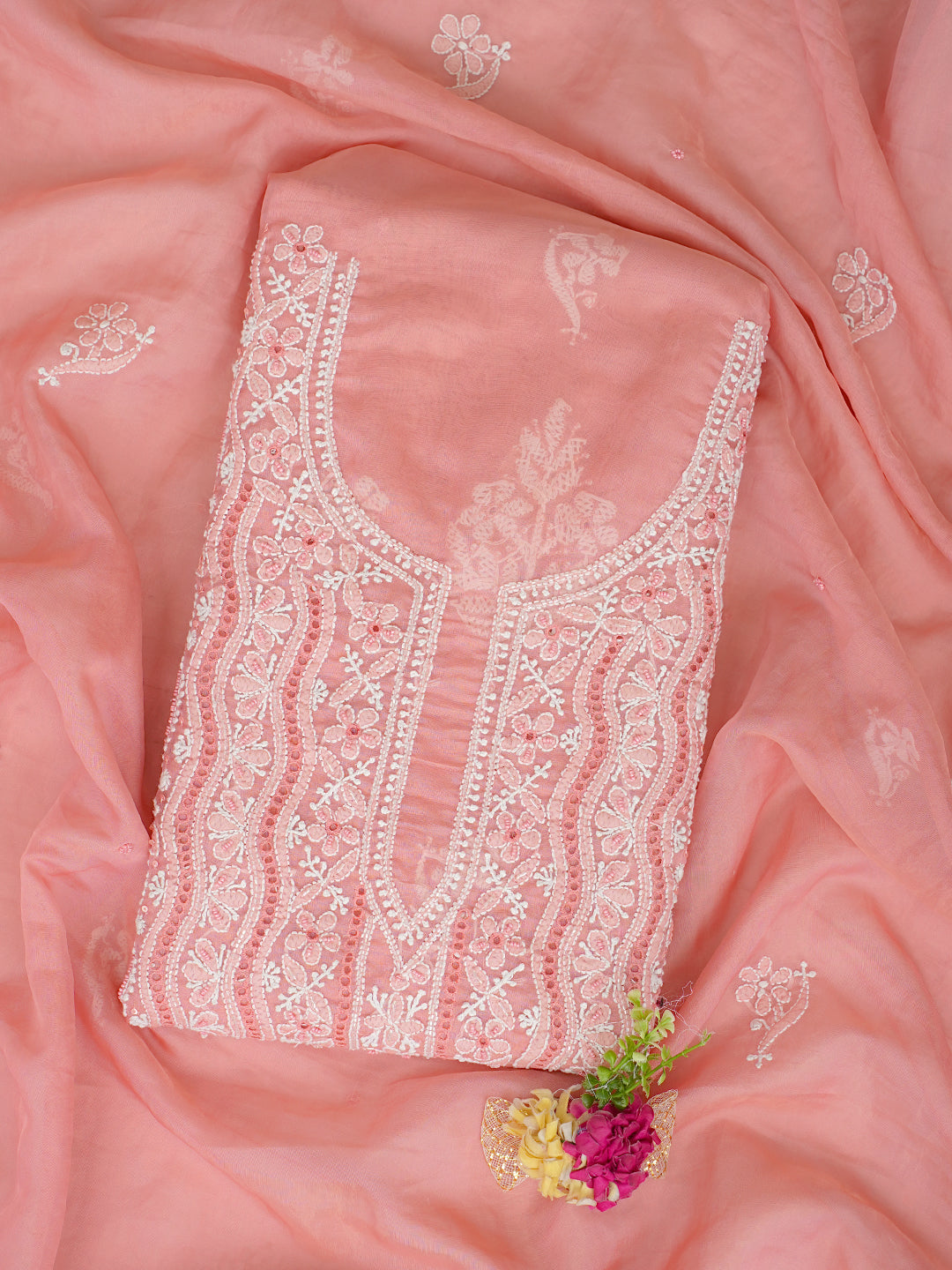Ada Hand Embroidered Peach Organza Lucknowi Chikankari Unstitched Kurta Dupatta Set With Cutdana, Sequinned & Pearl Work 01A1003632