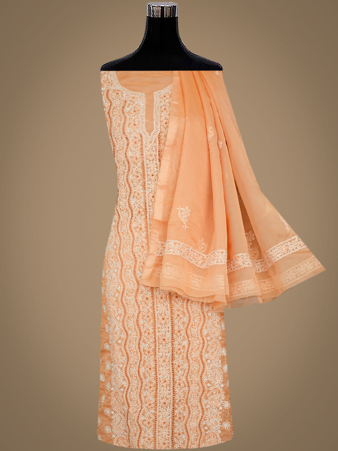 Peach Lucknowi Chikankari Unstitched Kurta Set