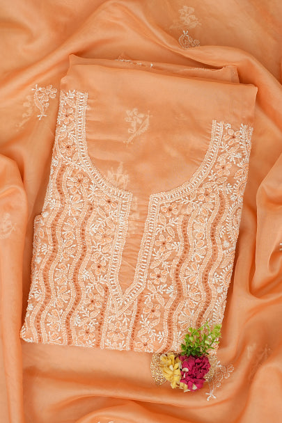 Ada Peach Organza Chikankari Kurta Dupatta Set